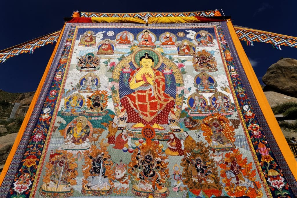 Embroidered Thangka painting is displayed during Shoton Festival in Sera Monastery in Tibet